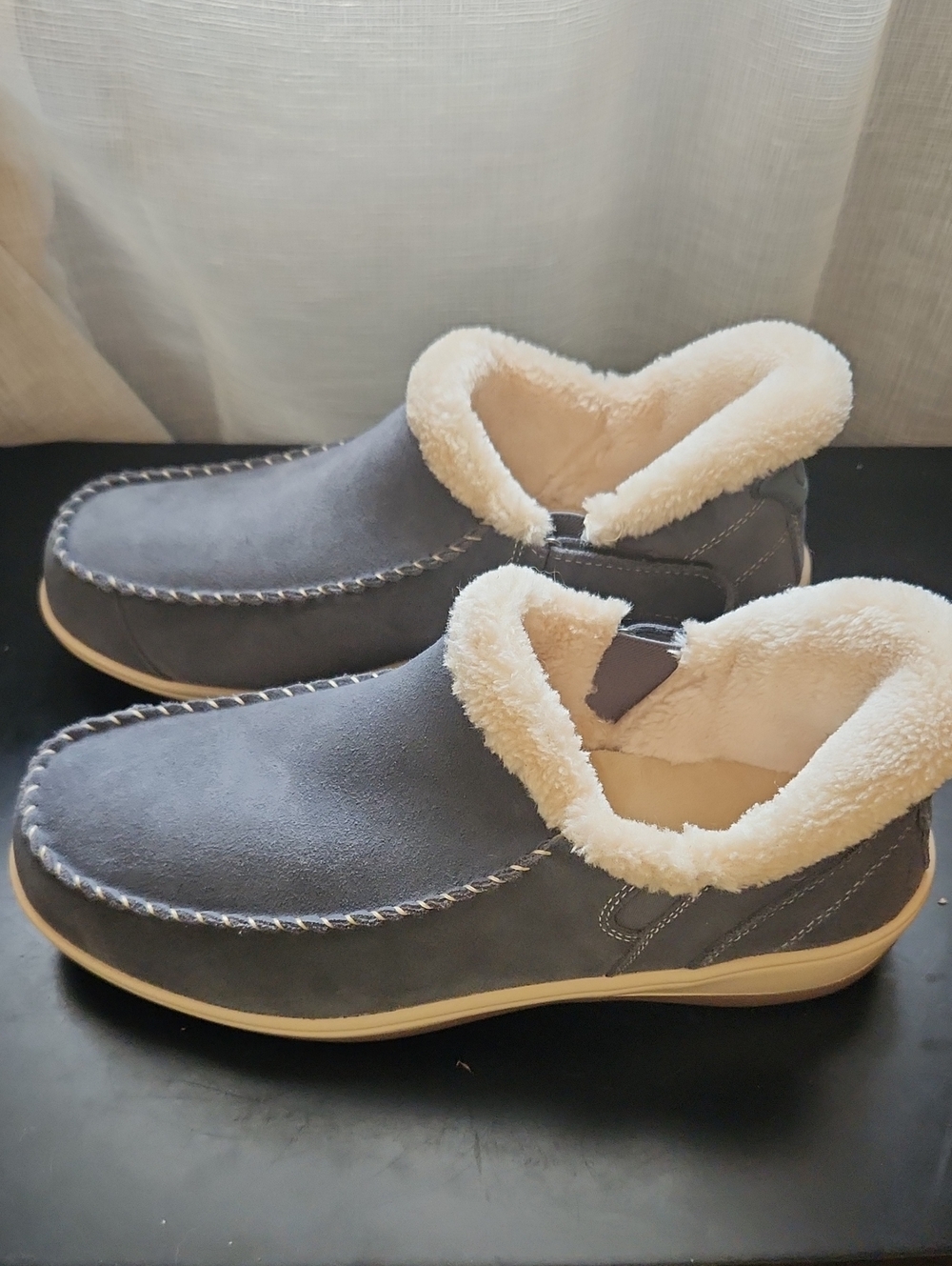Women's Blue/Gray Suede Sherpa-Lined Moccasin Slippers